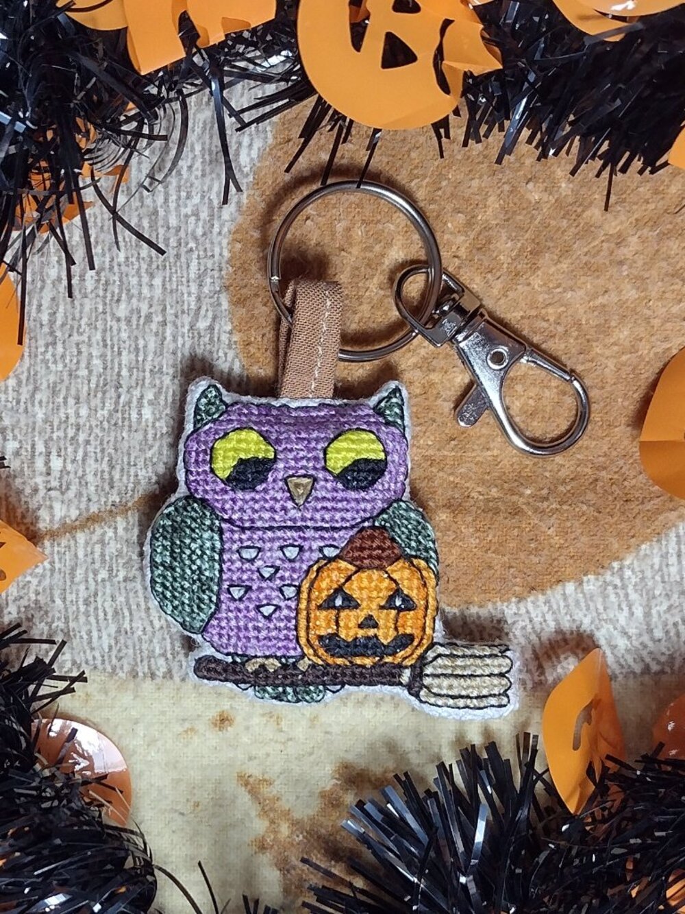 Owl on Broom Halloween Keychain Car Decor Glow In The Dark Pumpkin Handmade OOAK